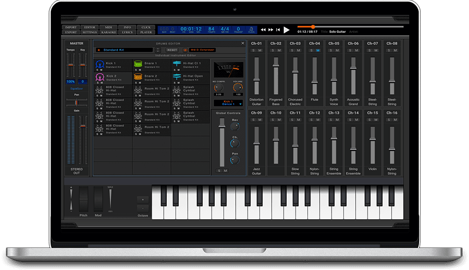 Drums editor interface on a MacBook